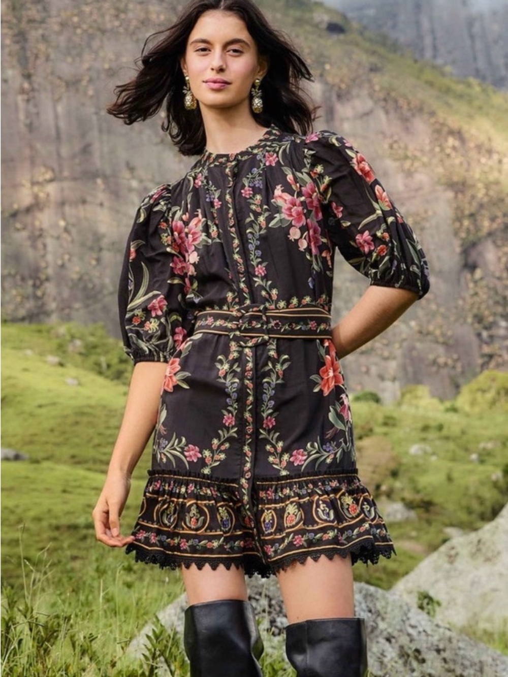 farm Rio black floral belle garden mini dress